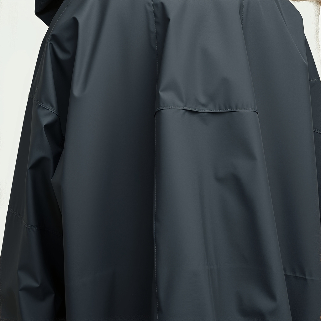 A structured rain cape made from charcoal recycled fabric with taped seams