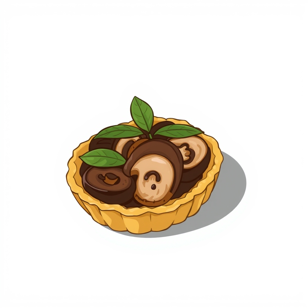A small rye tart layered with roasted mushrooms and fresh green leaves