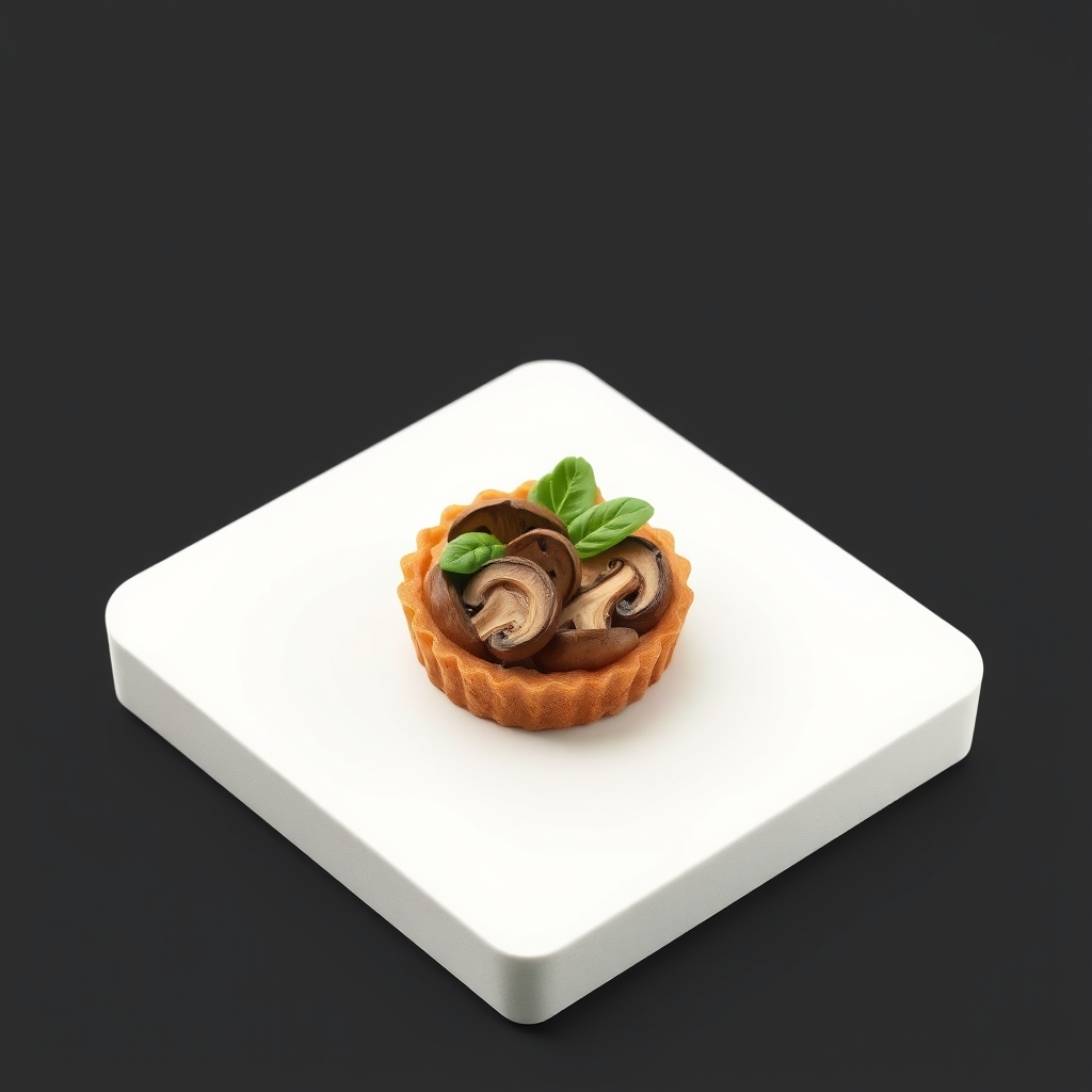 A small rye tart layered with roasted mushrooms and fresh green leaves