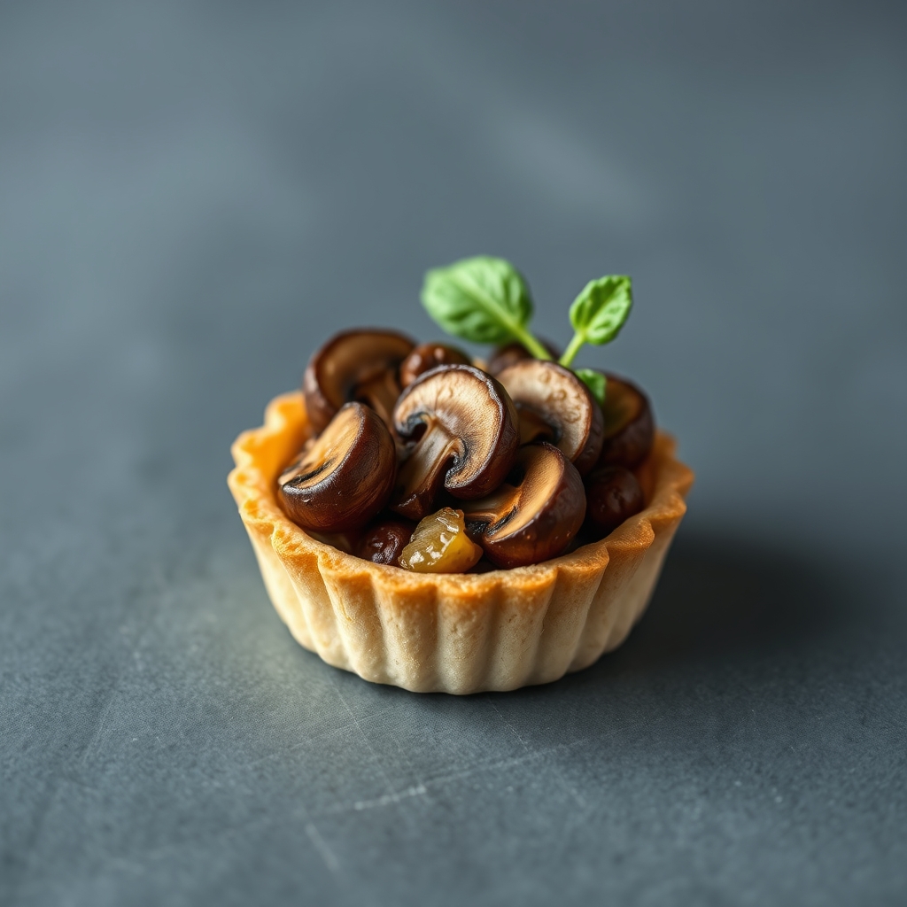A small rye tart layered with roasted mushrooms and fresh green leaves