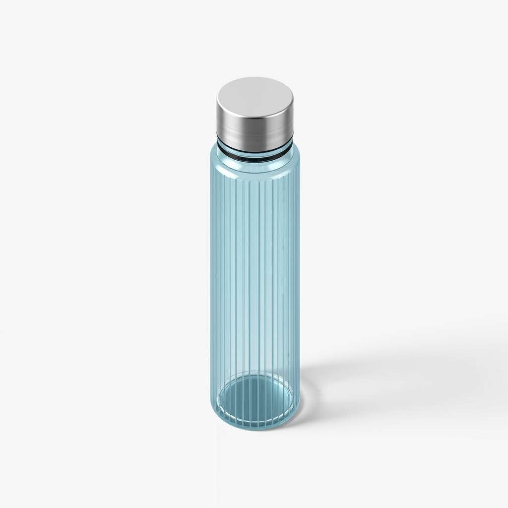A refillable travel bottle with a ribbed glass body and precise stainless cap