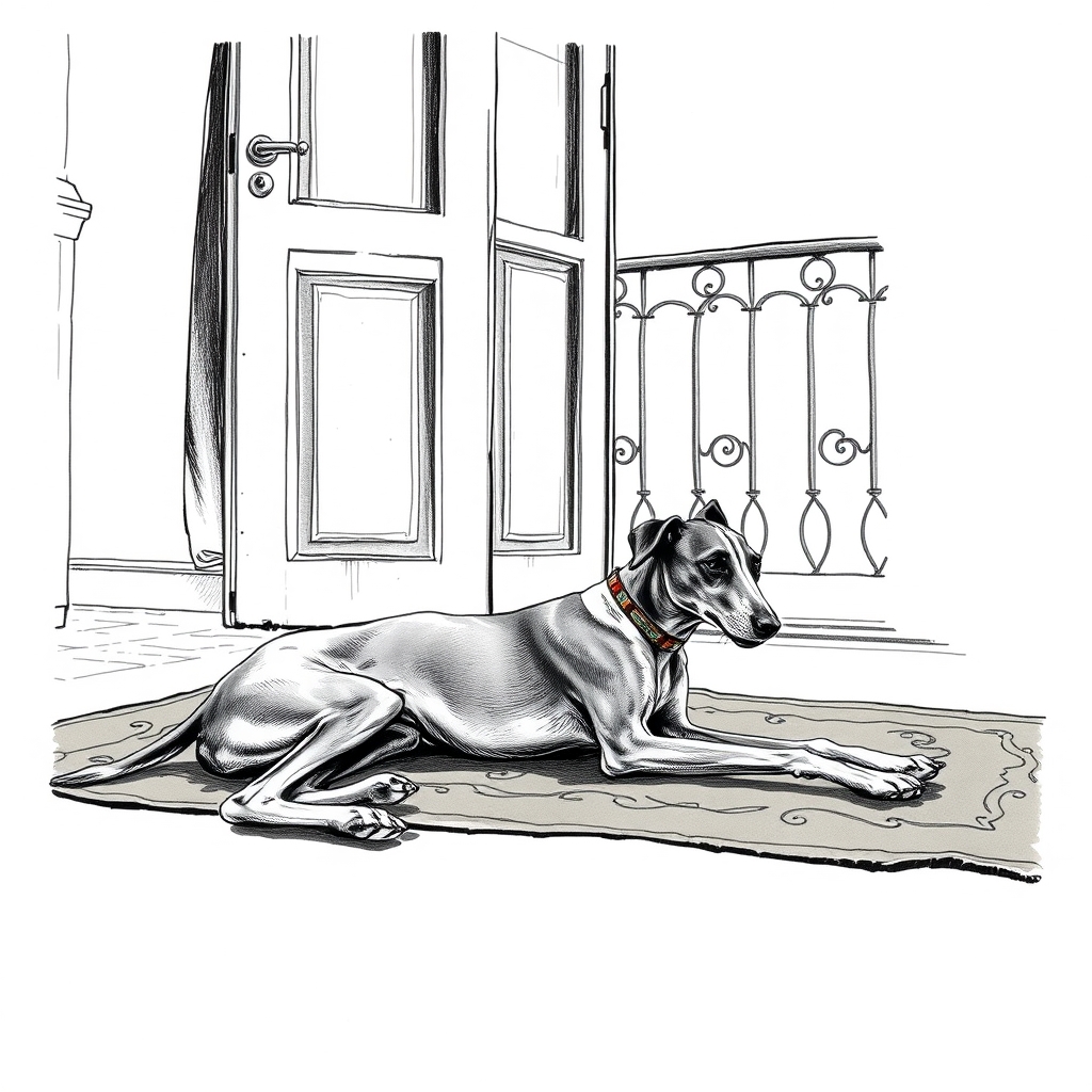A rescued greyhound stretching on a worn rug near an open balcony door