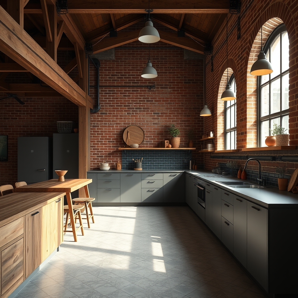 A converted warehouse kitchen with clear circulation, reused brick, and new timber junctions