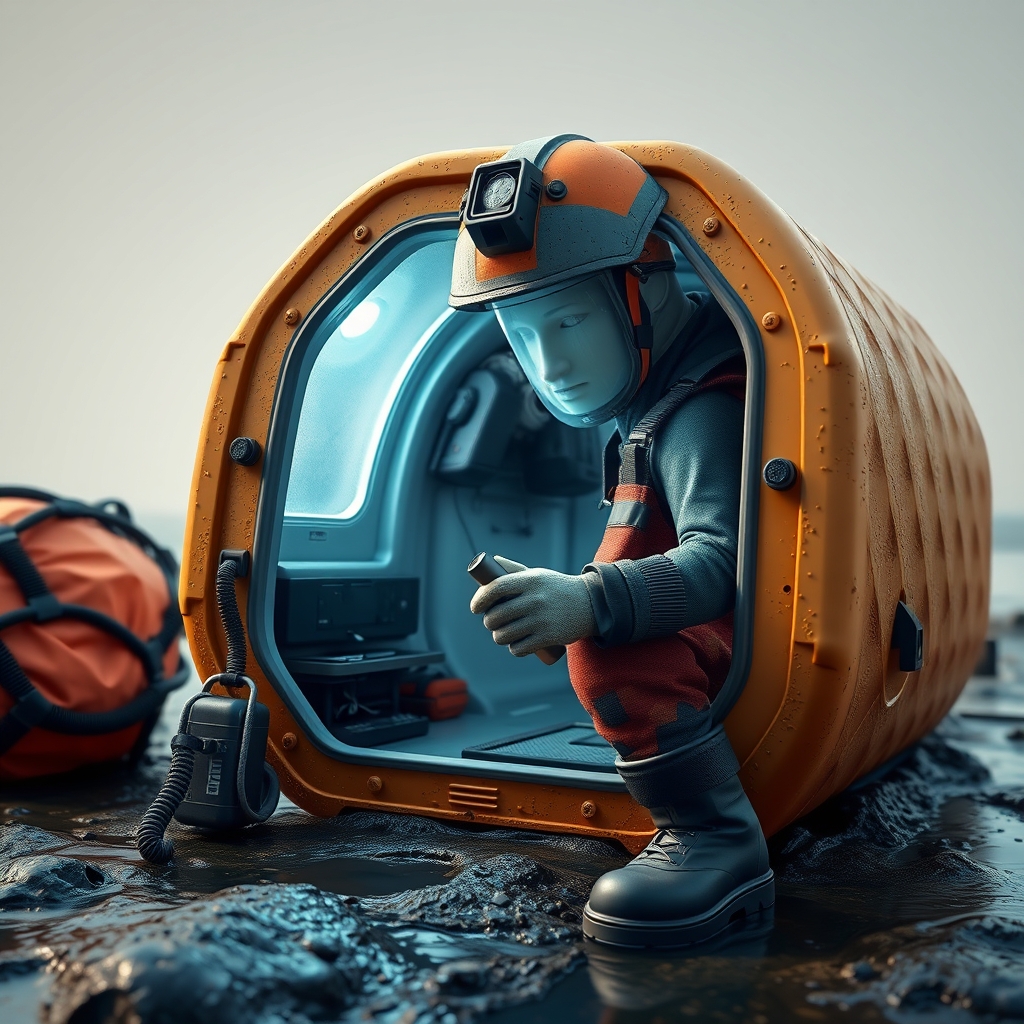 An original rescue engineer character inspecting a compact amphibious shelter