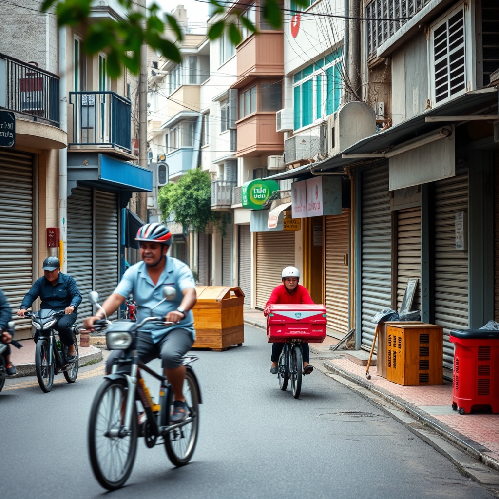 A mixed-use neighborhood street during the first morning deliveries, with cyclists and shop shutters in motion