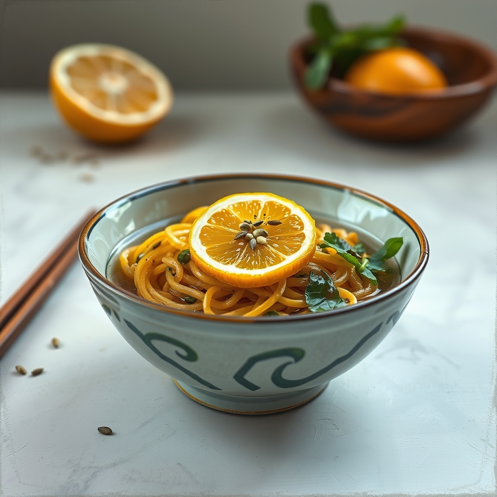 A bowl of hand-cut citrus noodles with toasted seeds and a light herb broth