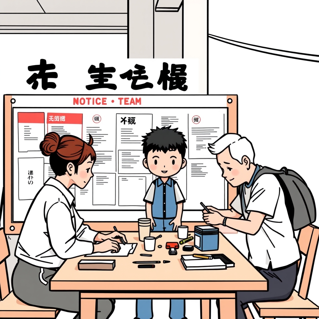 A four-person community workshop team assembling a public notice board around one shared table