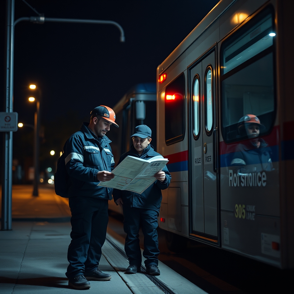 A small night-shift transit crew reviewing a route map beside a parked service vehicle