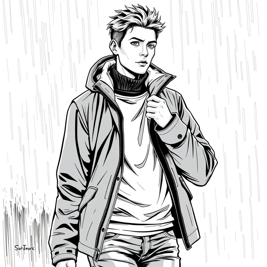 An adult fashion model adjusting a weatherproof jacket before stepping into light rain