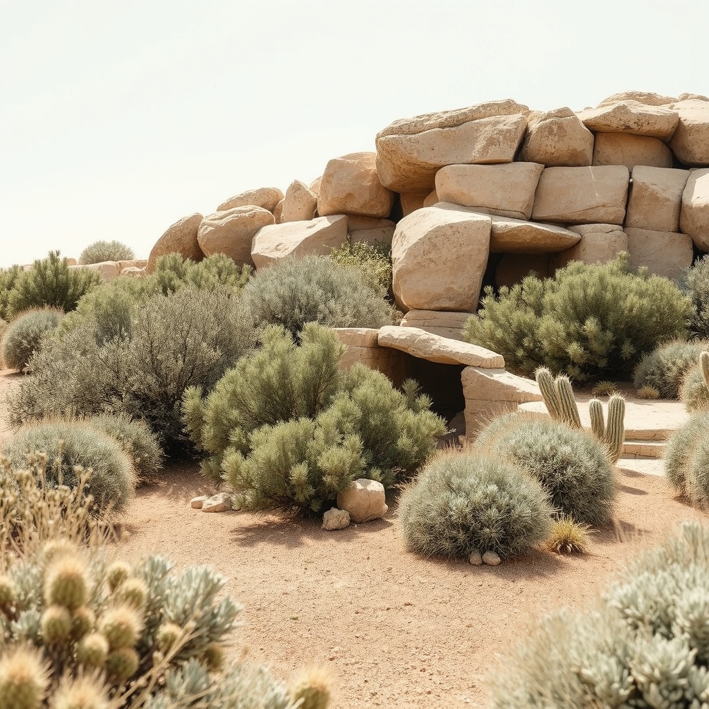A high desert garden where hardy shrubs collect around weathered stone shelves