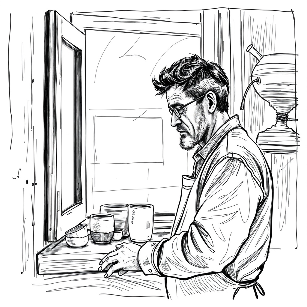 An adult ceramicist pausing beside a north-facing workshop window, clay dust still visible on one sleeve