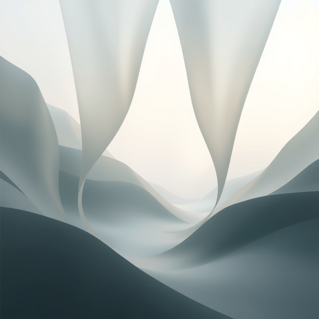 An abstract field of folded translucent planes that opens into a calm low-contrast center