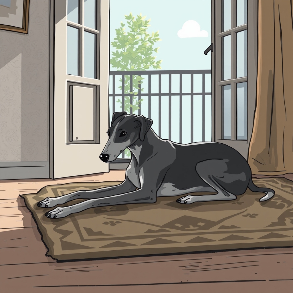 A rescued greyhound stretching on a worn rug near an open balcony door