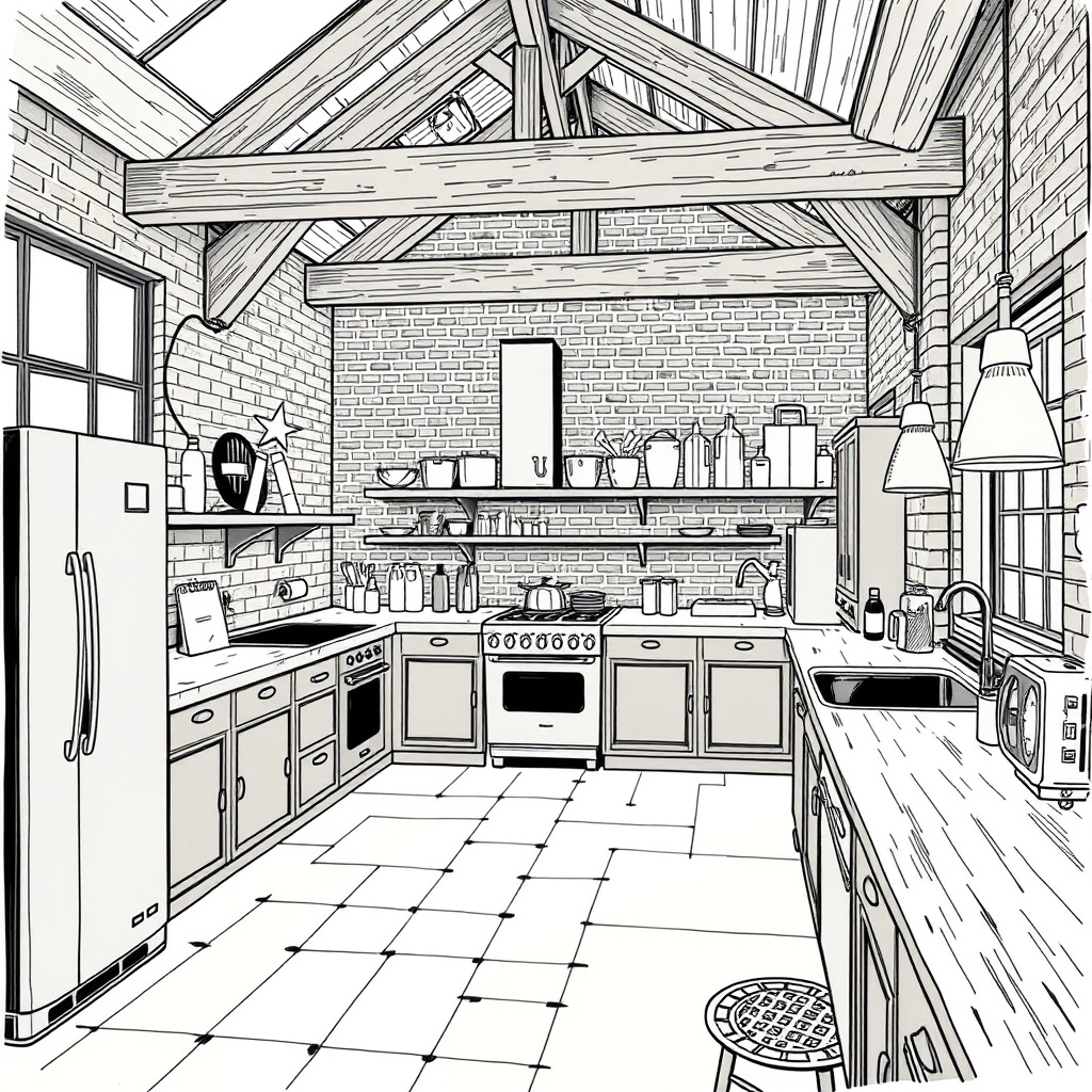 A converted warehouse kitchen with clear circulation, reused brick, and new timber junctions