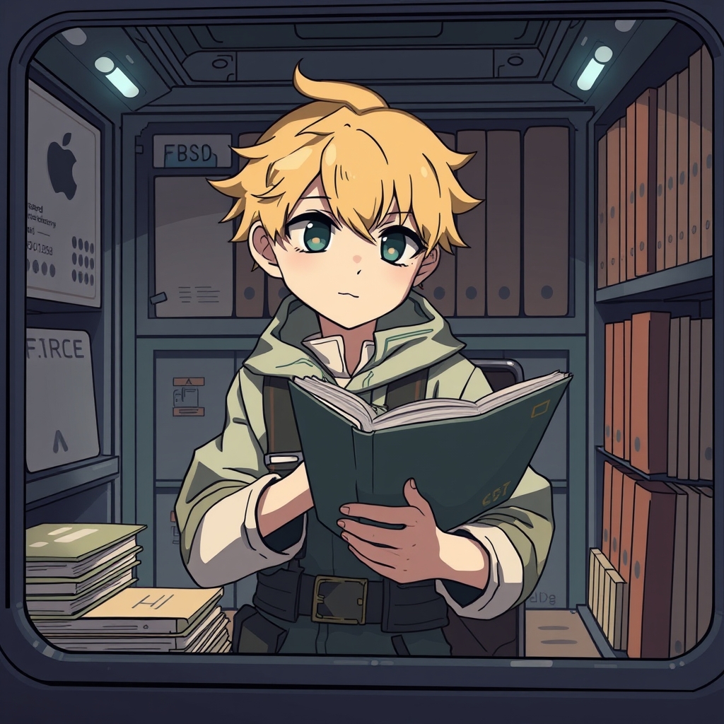 An original archivist character protecting fragile seed records inside a mobile library