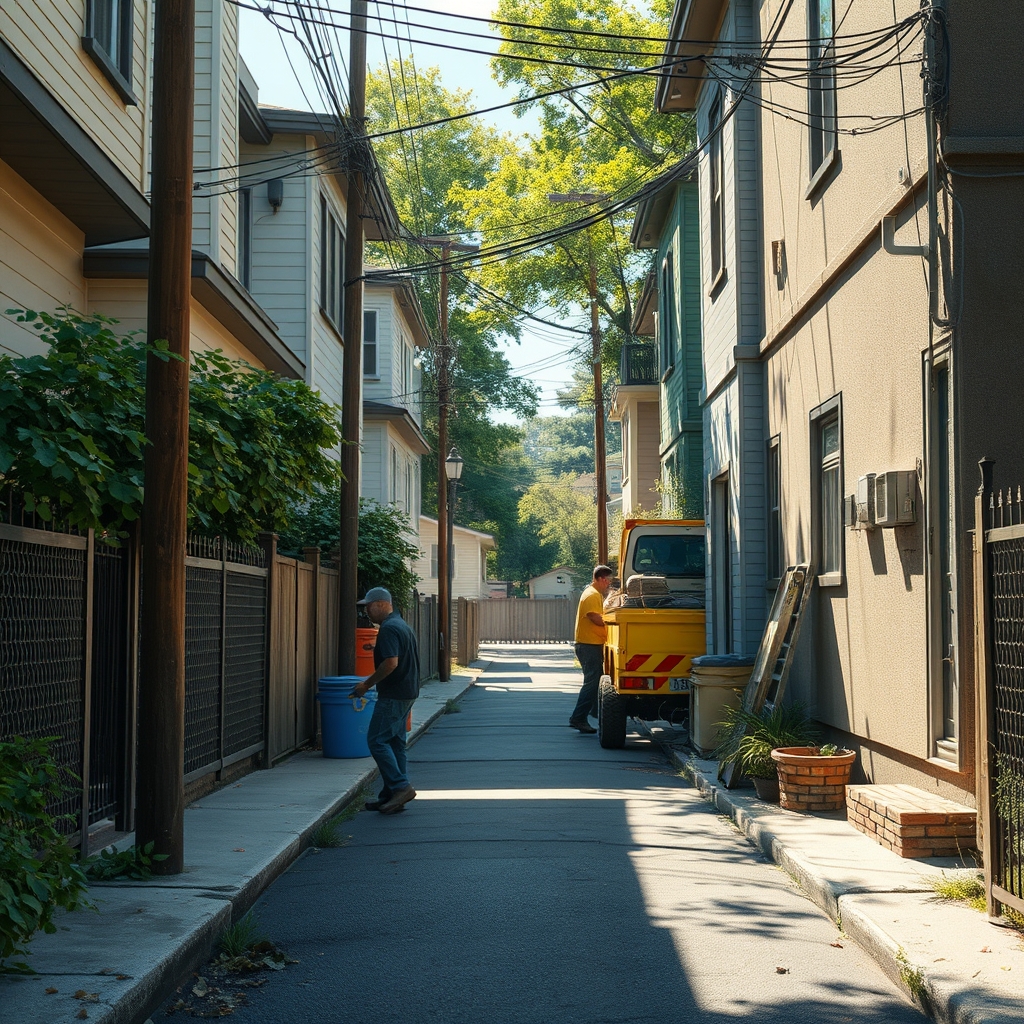 A quiet residential lane during a summer power repair, with workers and neighbors sharing the space