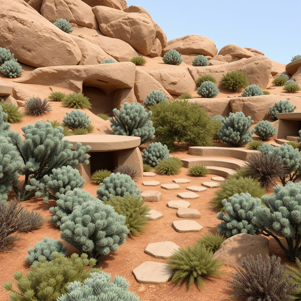 A high desert garden where hardy shrubs collect around weathered stone shelves