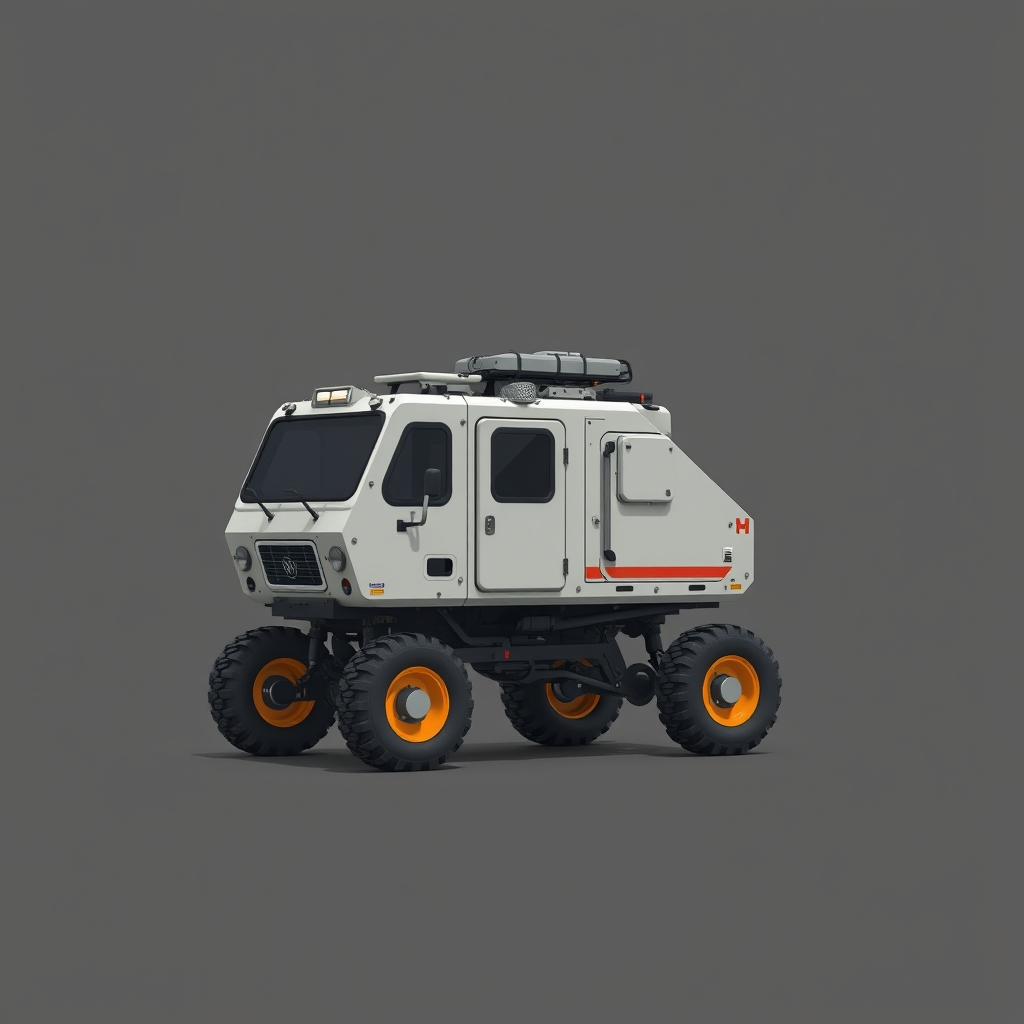 A narrow mountain maintenance vehicle with articulated wheels and visible access panels