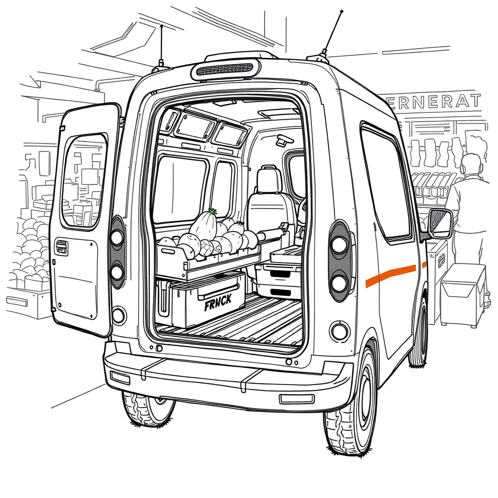 A compact electric produce van with a low loading floor at an early market