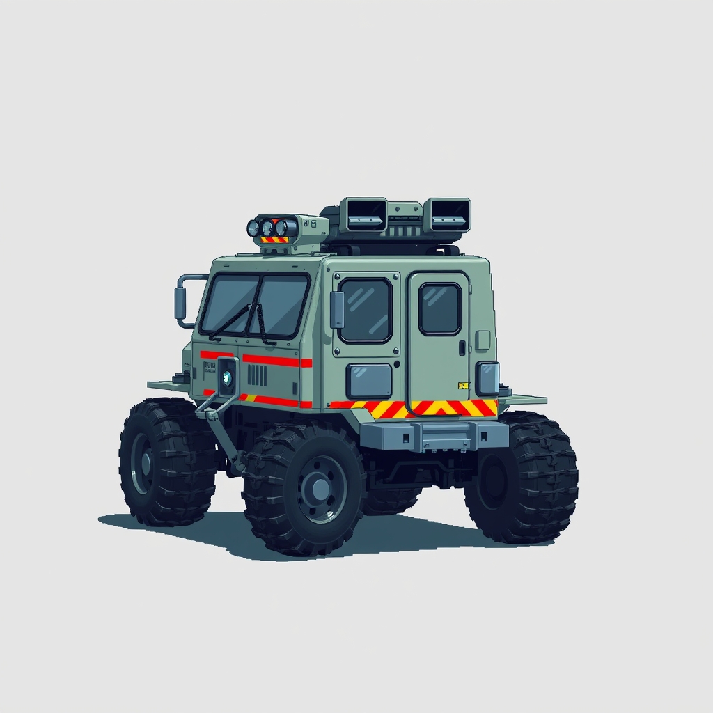 A narrow mountain maintenance vehicle with articulated wheels and visible access panels