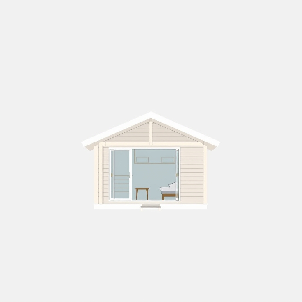 A compact coastal cabin with a sheltered entry, cross ventilation, and built-in storage