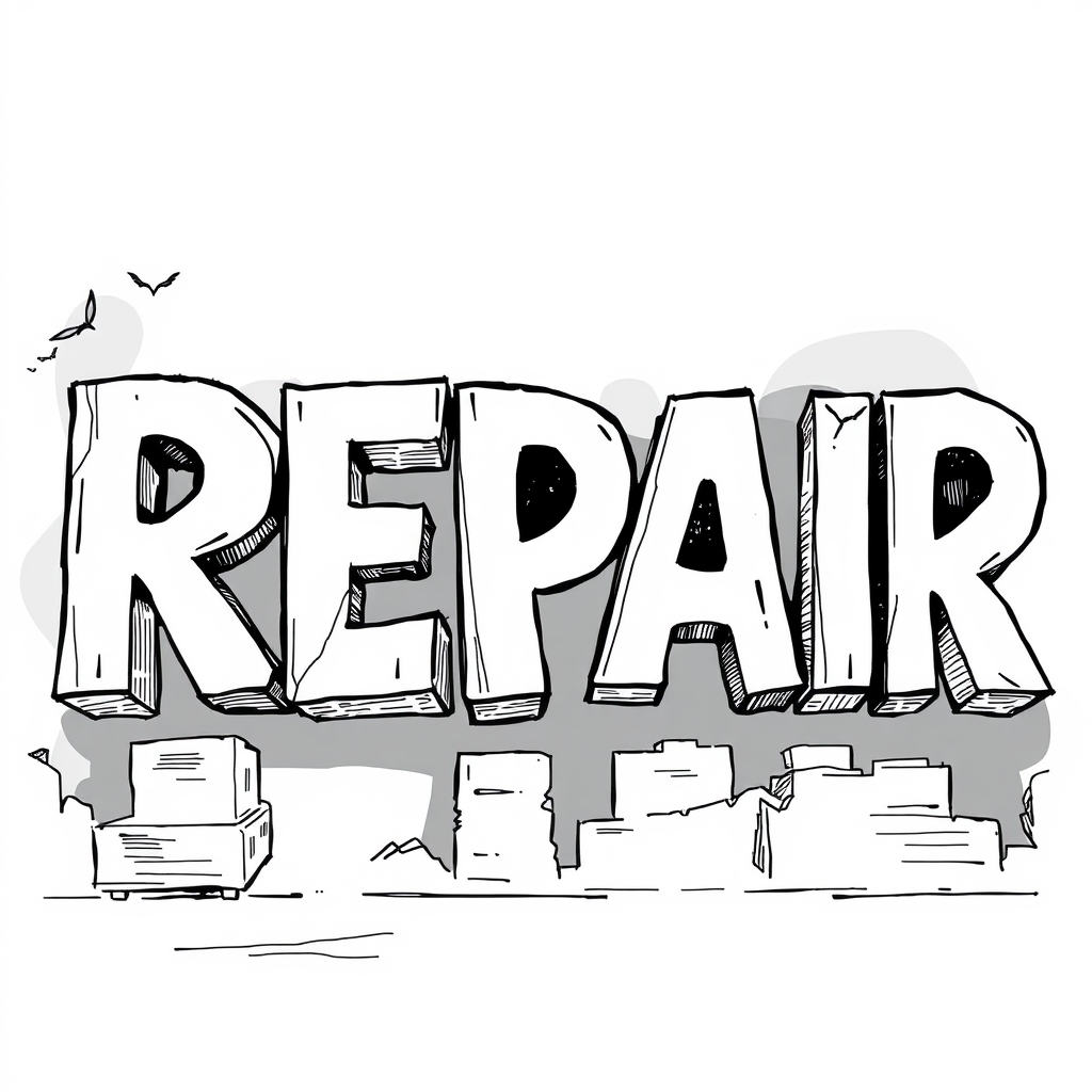 The exact word "REPAIR" built from interlocking practical shapes without a logo