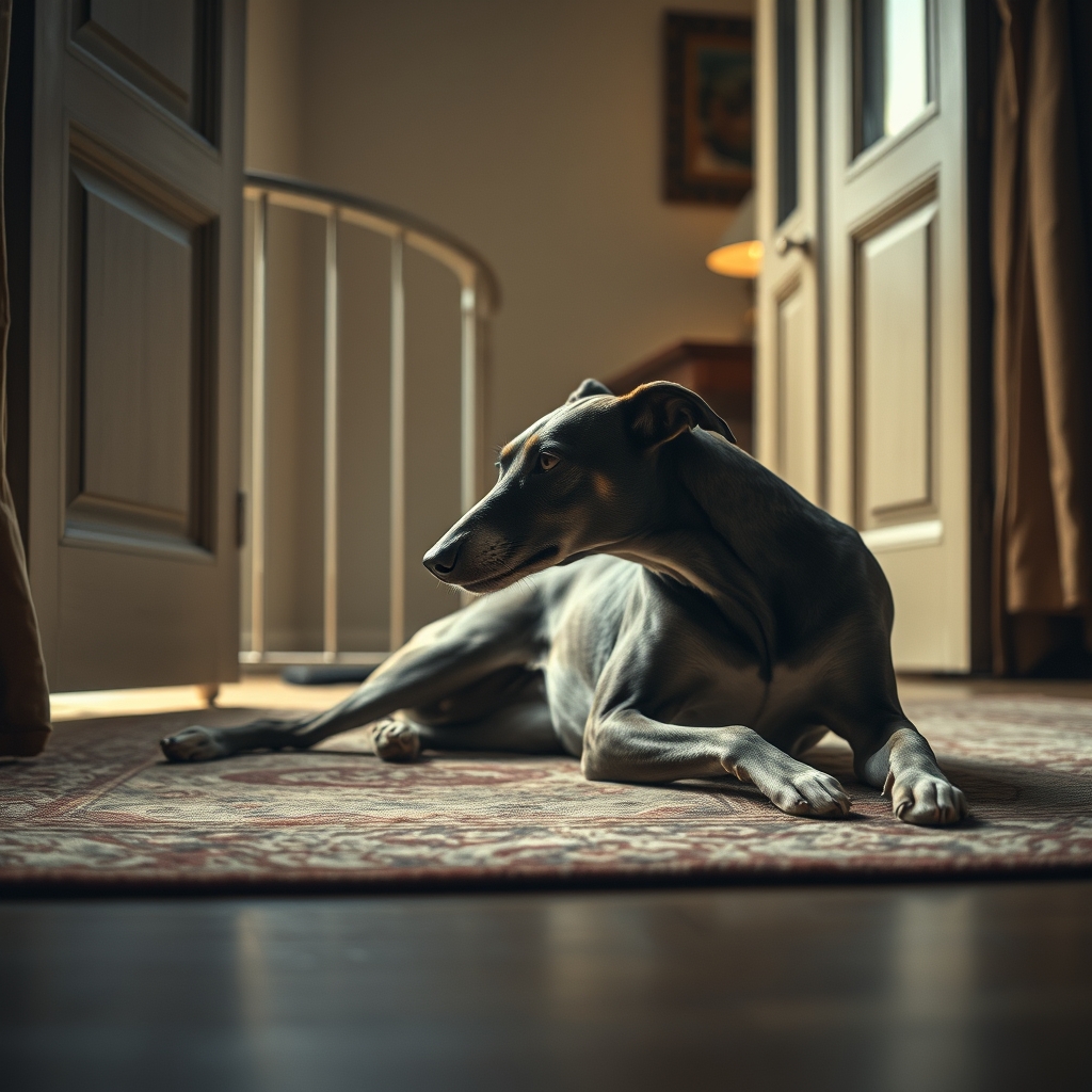A rescued greyhound stretching on a worn rug near an open balcony door