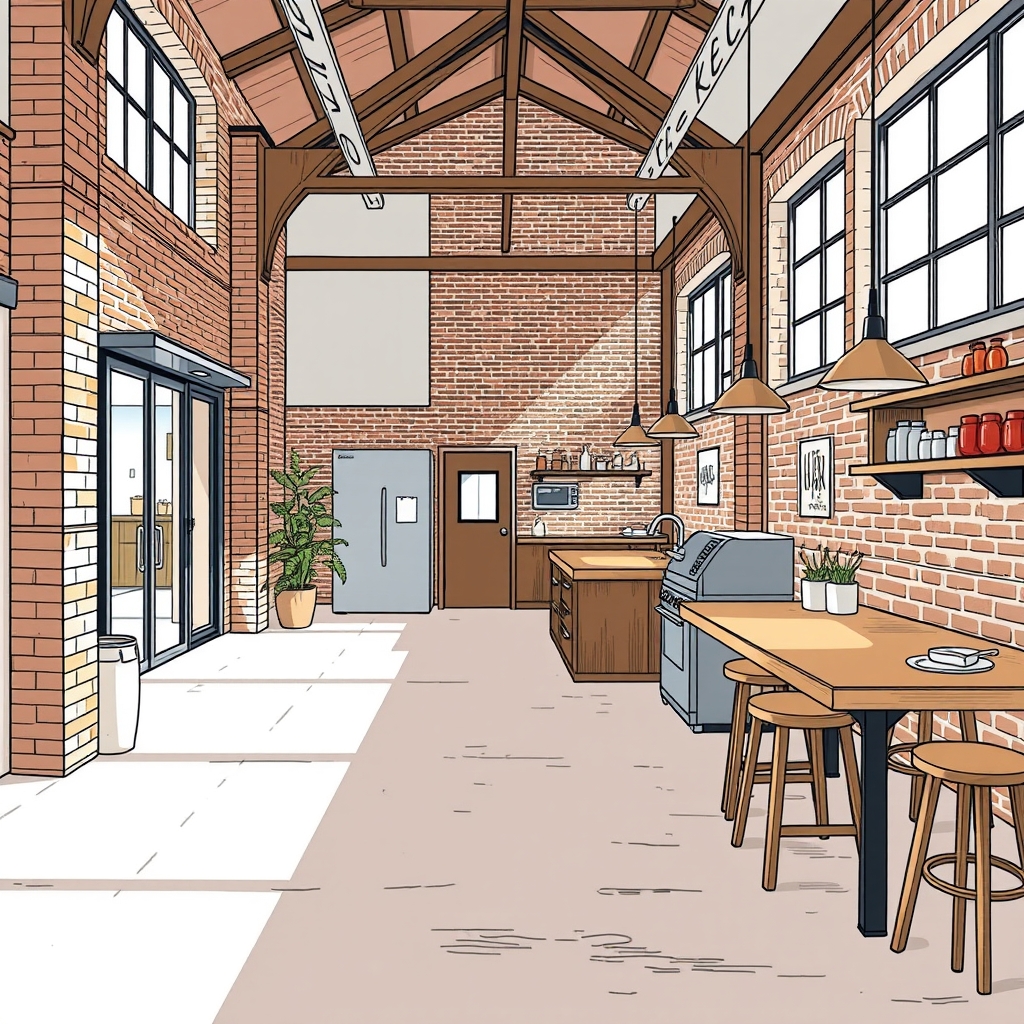 A converted warehouse kitchen with clear circulation, reused brick, and new timber junctions
