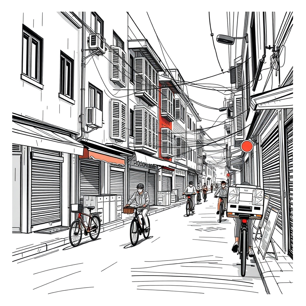 A mixed-use neighborhood street during the first morning deliveries, with cyclists and shop shutters in motion