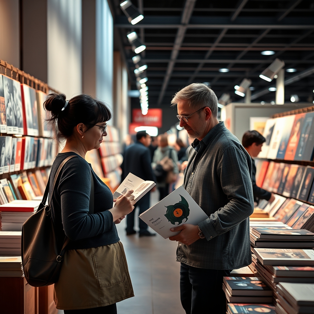Two adult friends choosing prints at a small independent book fair
