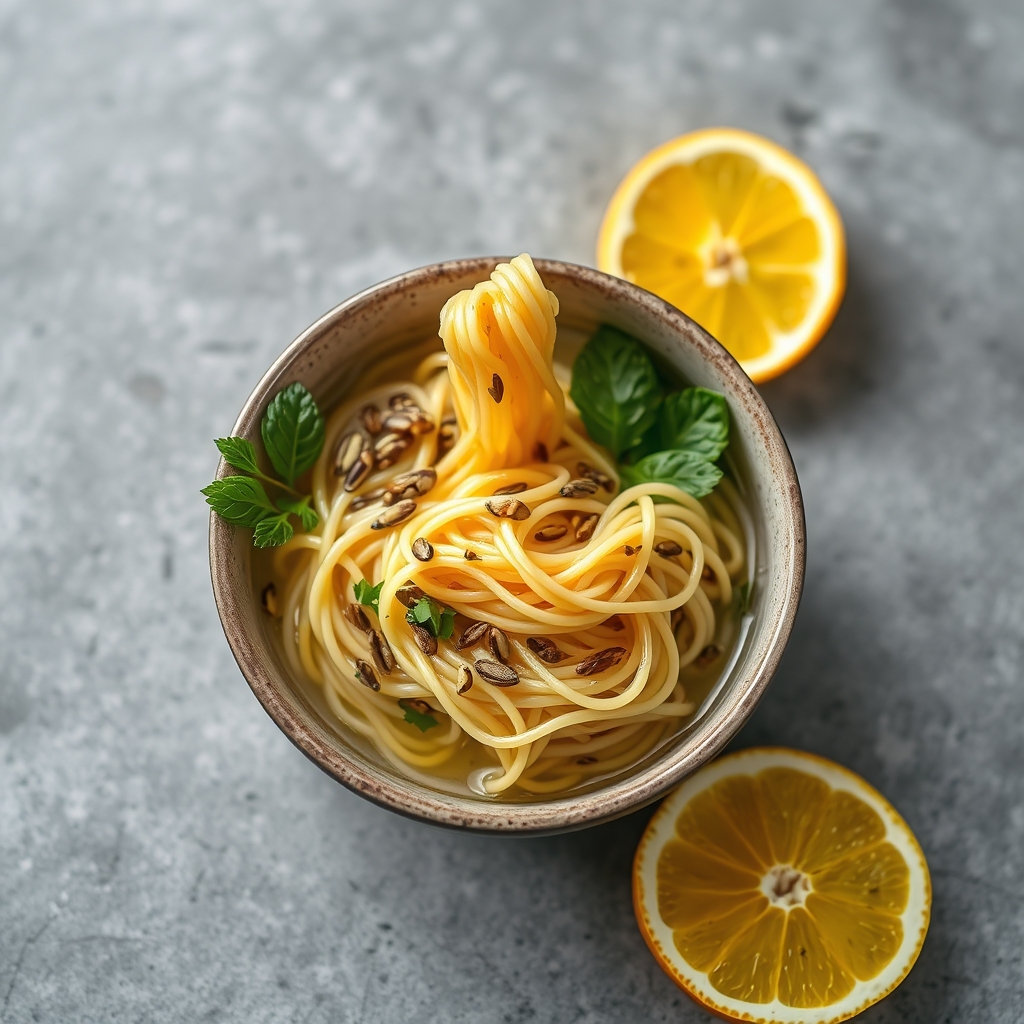 A bowl of hand-cut citrus noodles with toasted seeds and a light herb broth