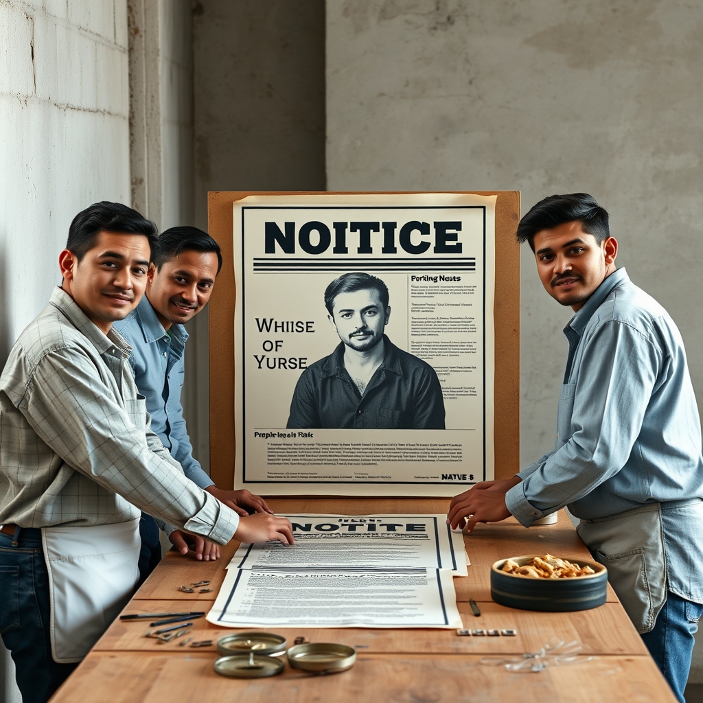 A four-person community workshop team assembling a public notice board around one shared table