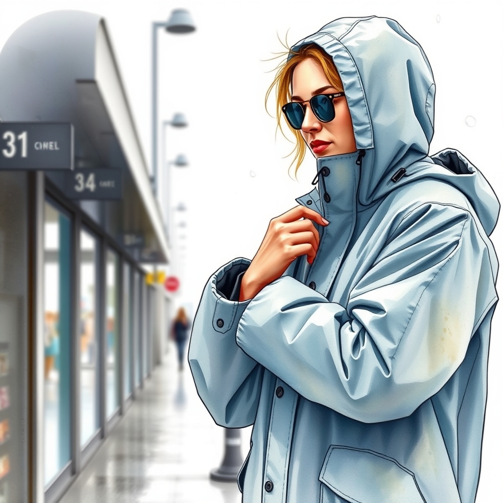 An adult fashion model adjusting a weatherproof jacket before stepping into light rain