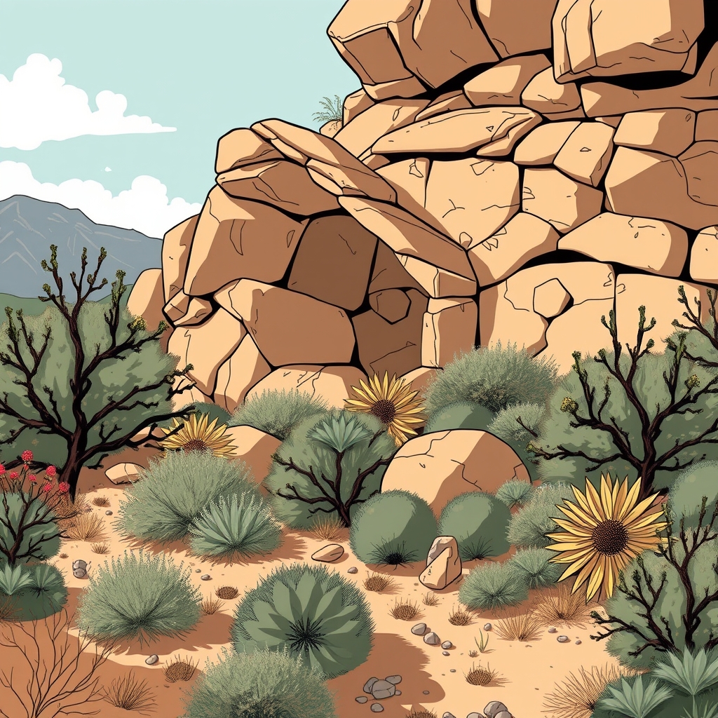 A high desert garden where hardy shrubs collect around weathered stone shelves