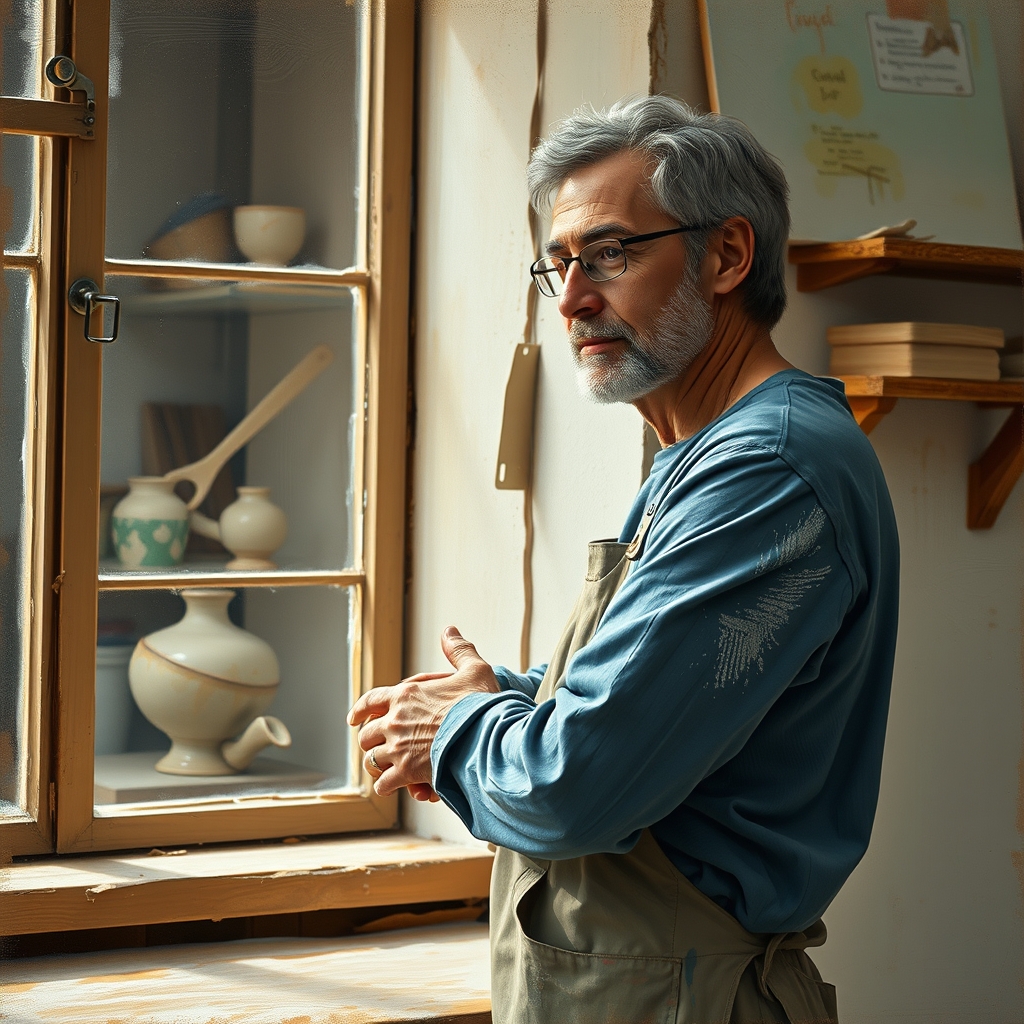 An adult ceramicist pausing beside a north-facing workshop window, clay dust still visible on one sleeve