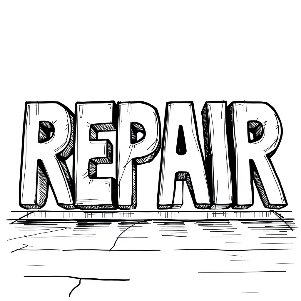 The exact word "REPAIR" built from interlocking practical shapes without a logo