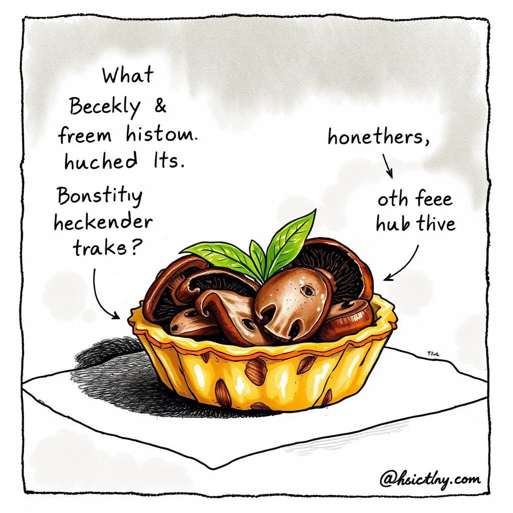 A small rye tart layered with roasted mushrooms and fresh green leaves
