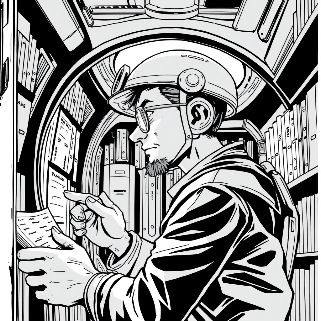 An original archivist character protecting fragile seed records inside a mobile library