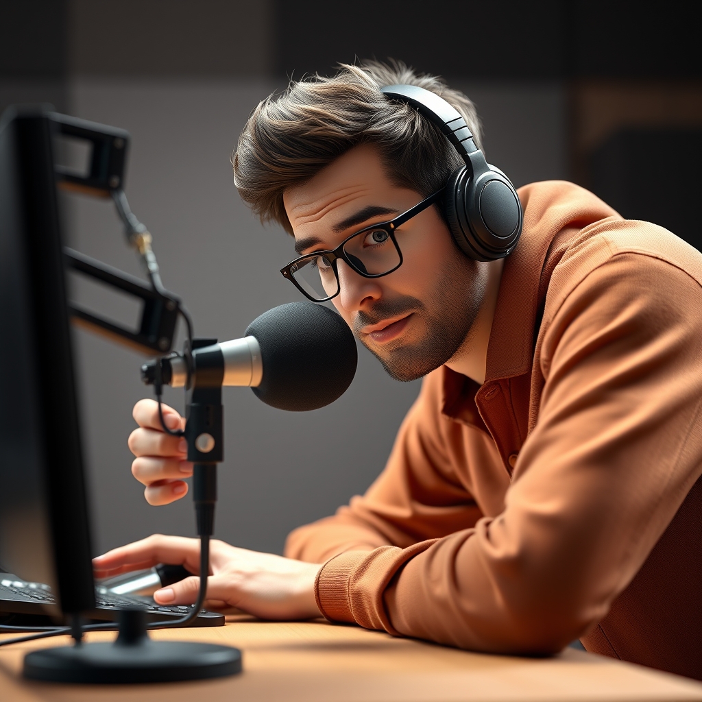 An adult radio producer leaning toward a desk microphone between recording takes
