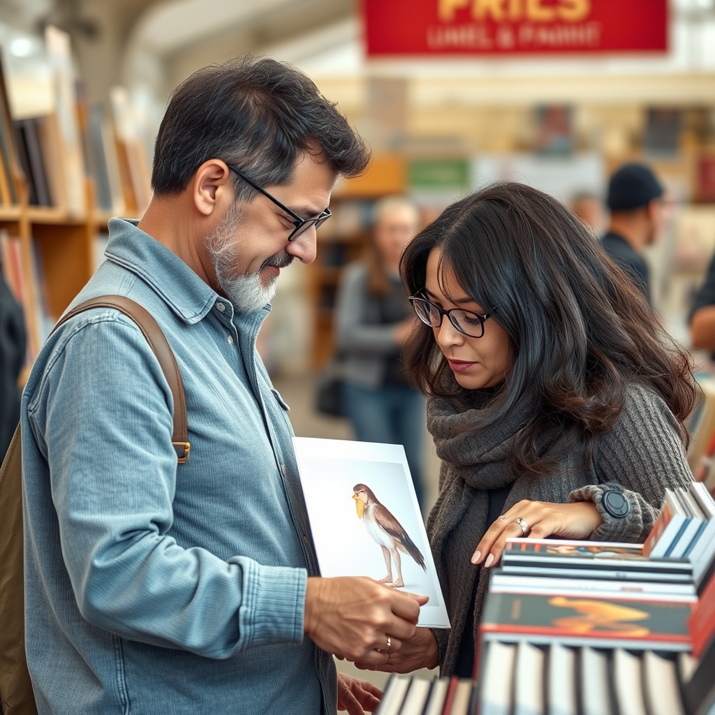 Two adult friends choosing prints at a small independent book fair