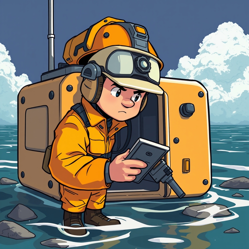 An original rescue engineer character inspecting a compact amphibious shelter