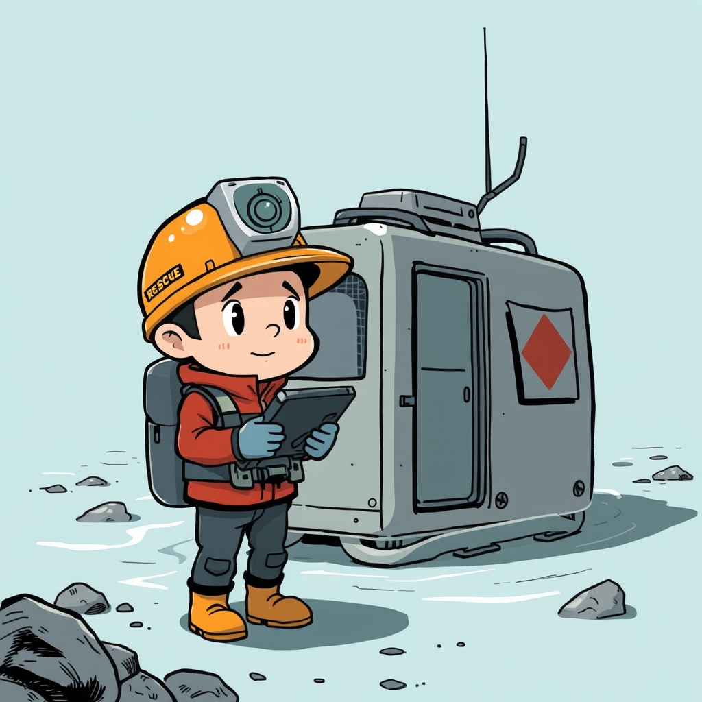 An original rescue engineer character inspecting a compact amphibious shelter