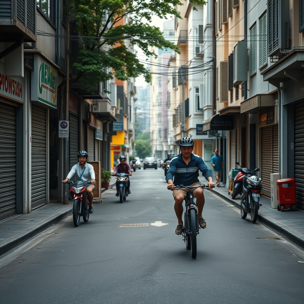 A mixed-use neighborhood street during the first morning deliveries, with cyclists and shop shutters in motion