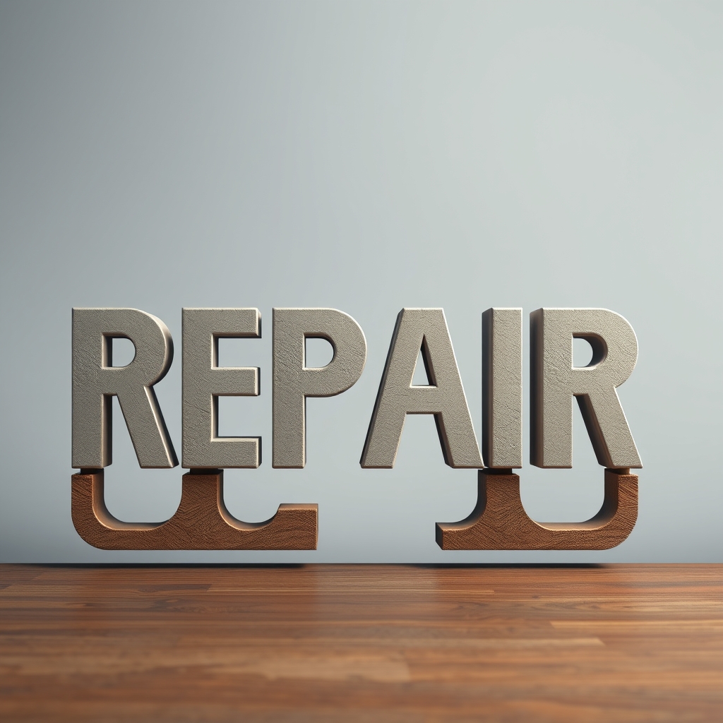 The exact word "REPAIR" built from interlocking practical shapes without a logo