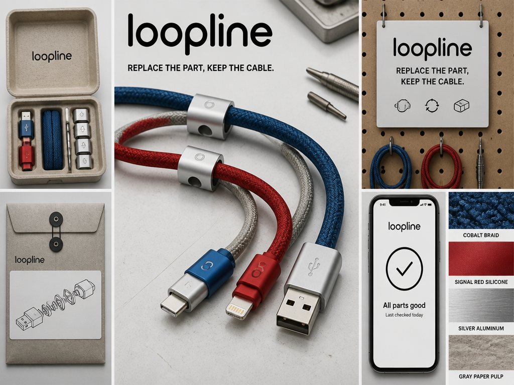 Act as a brand and industrial-design director. Create one premium 4:3 presentation board for LOOPLINE, a fictional system of repairable desk cables whose plugs,