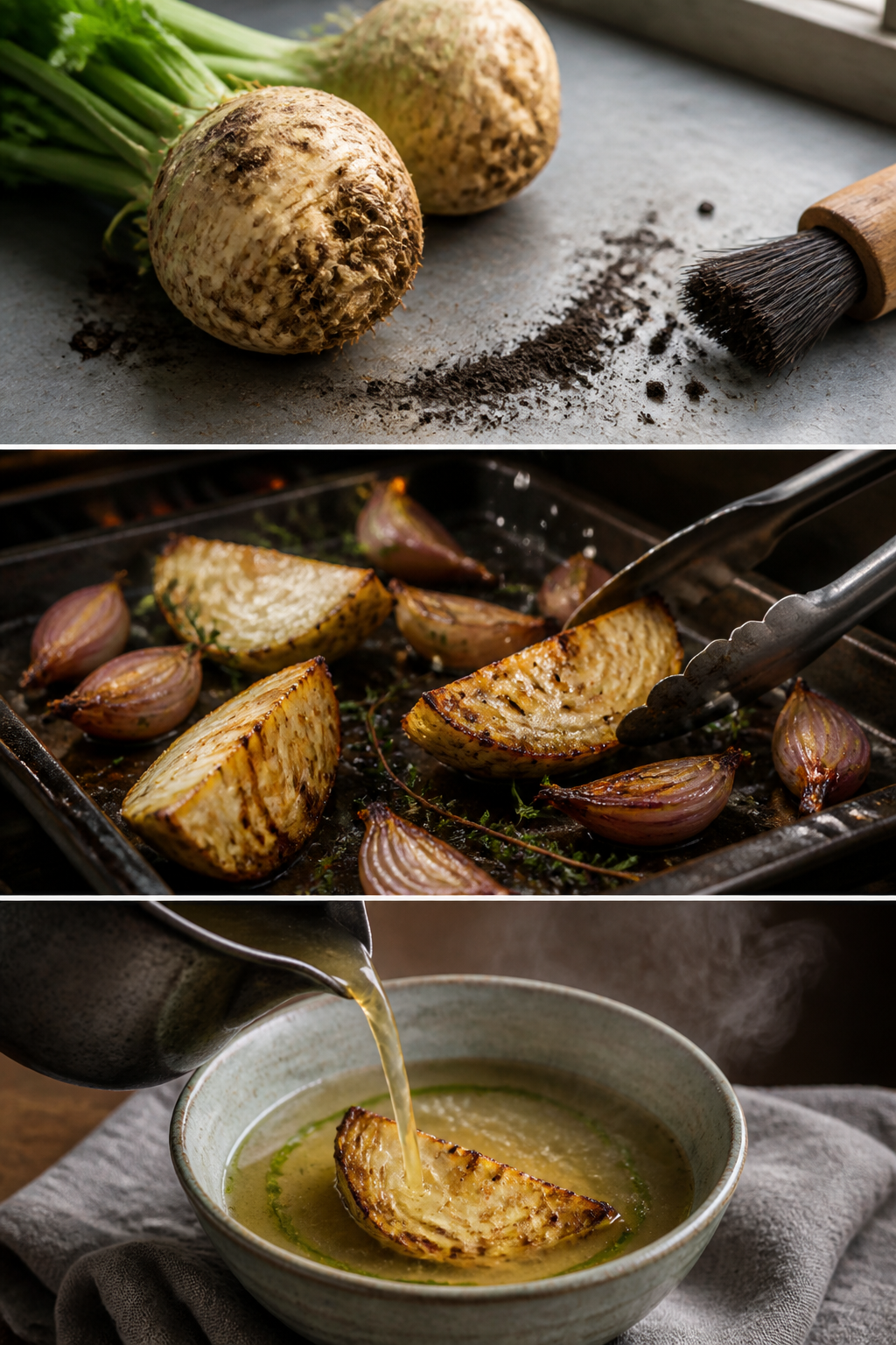 Create a single 2:3 vertical culinary photograph divided into three equal stacked scenes titled by imagery only, with no text. Tell one continuous story called
