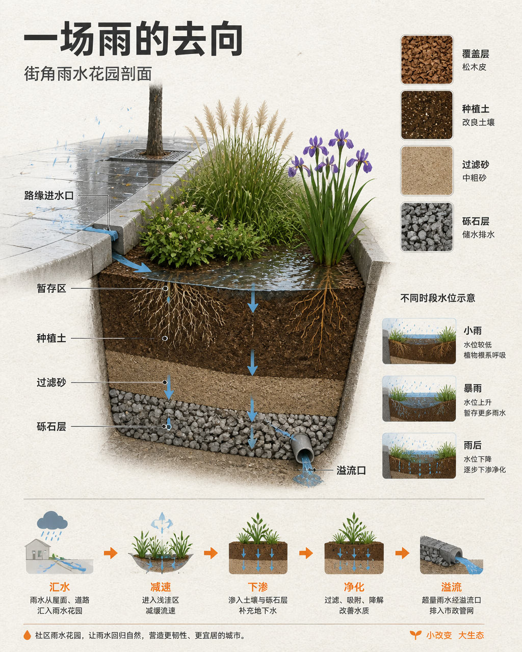 设计一张4:5竖版中文城市生态信息海报,主题为社区雨水花园,准确标题是「一场雨的去向」。背景使用冷白色再生纸纹理,整体清晰、克制、适合公共教育展览。画面中央是一段写实的街角雨水花园剖面:左侧人行道上的雨水经过开口路缘流入浅洼,依次穿过覆盖层、种植土、过滤砂、砾石储水层,最后由溢流管排出;同时展示芒草、鸢尾和低矮灌木的真