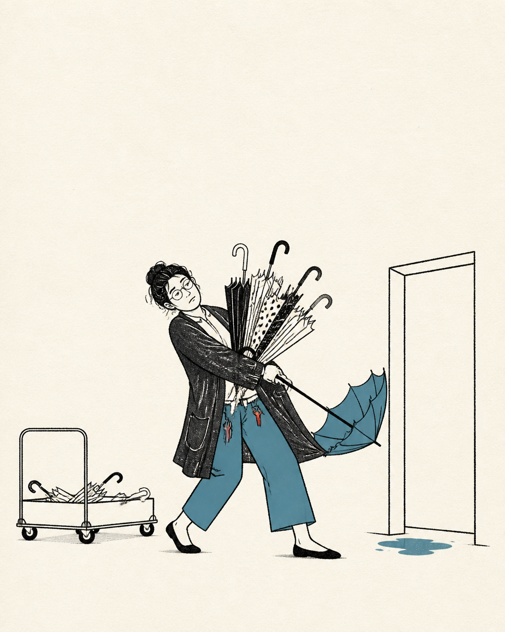 Draw a 4:5 editorial illustration of an adult night librarian trying to carry seven returned umbrellas across a quiet lobby after closing time. The librarian we