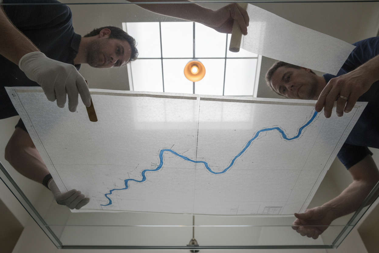 Documentary 3:2 photograph from a camera mounted directly beneath a single seamless transparent conservation table, looking straight upward. Three adult paper c