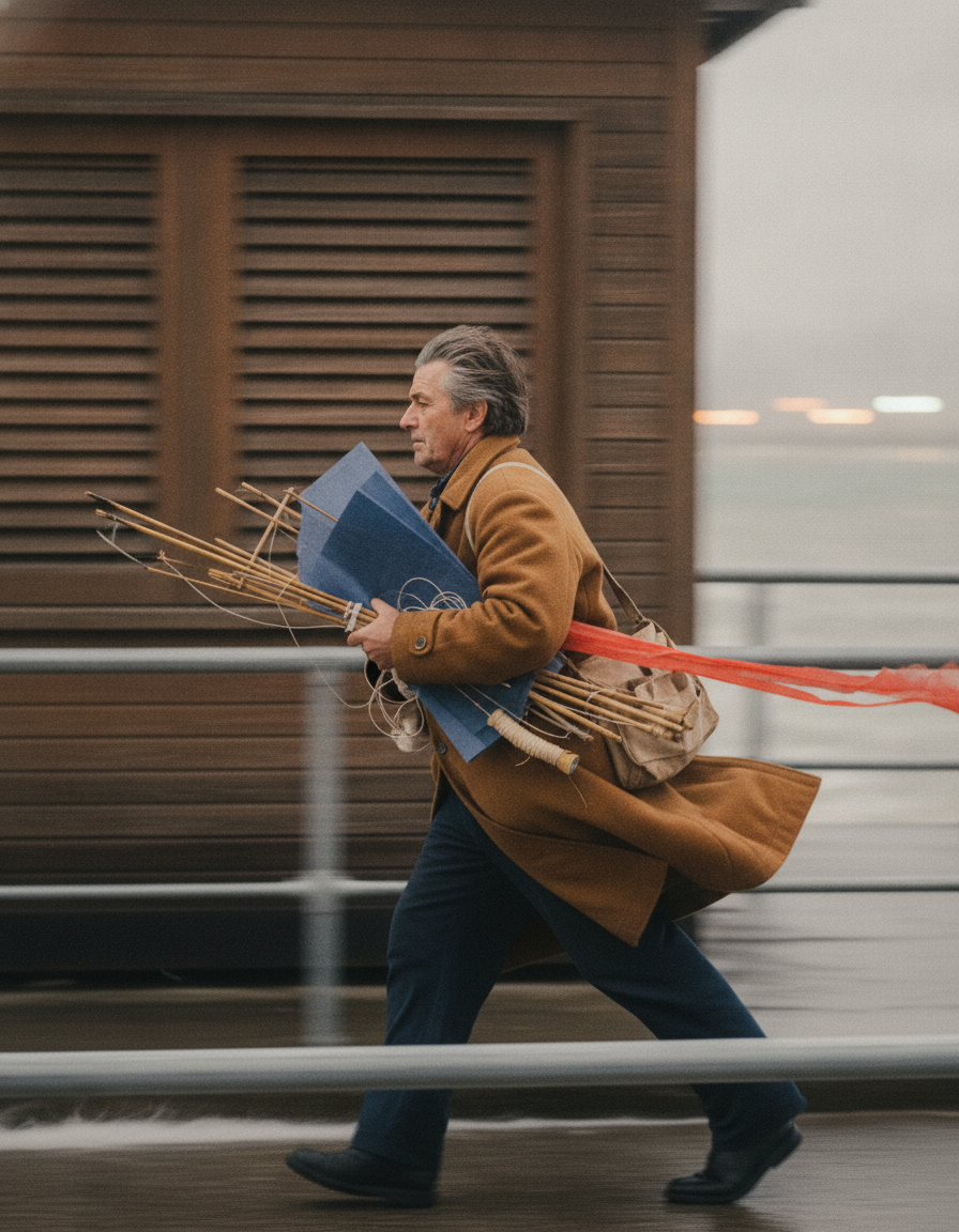 Create a 4:5 analog-style panning photograph of a middle-aged kite repairer hurrying past a shuttered wooden ferry shelter after a coastal storm. Show the adult